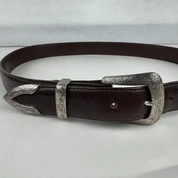 Tony Lama Mens 34" Western Brown Leather Belt Etched Metal Buckle Made in USA - Picture 4 of 8